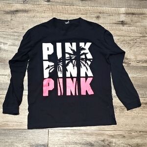 Victoria's Secret Pink Tropical Tee Shirt Black Palm Tree Neon Logo